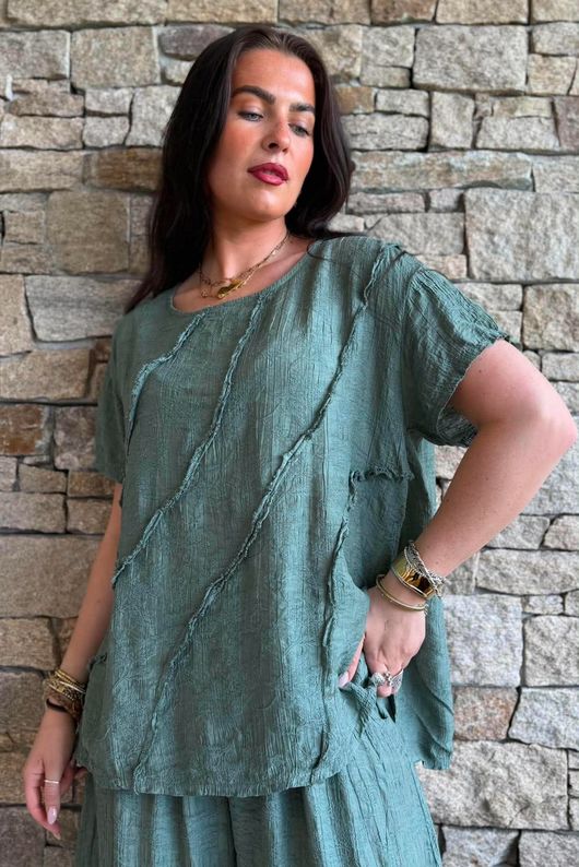 Lalli Damask Asymmetric Panel Top Khaki
